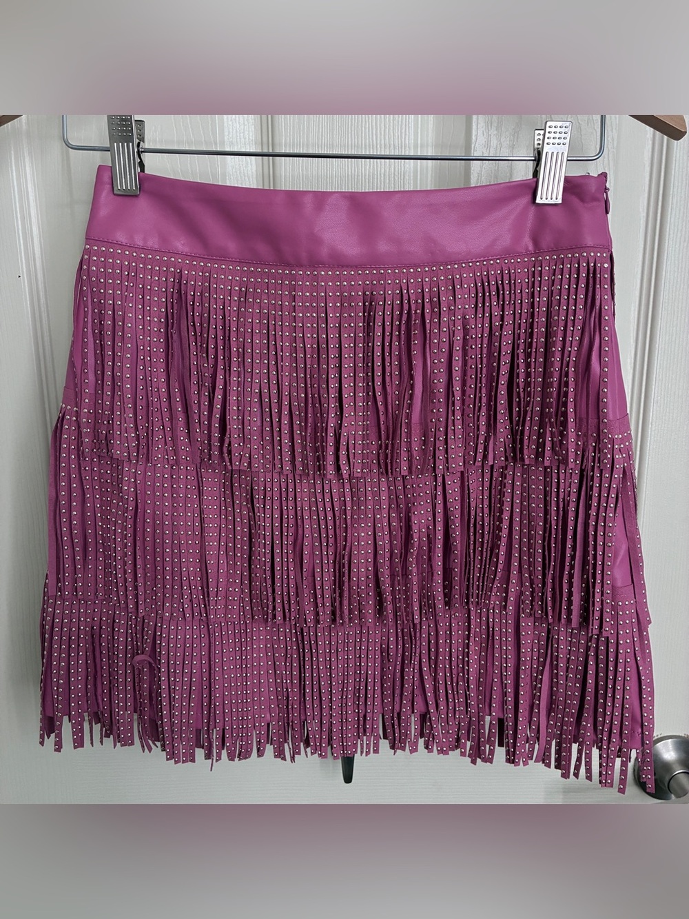Blue B Faux Leather Fringe Studded Pink Western Cowgirl Rodeo Mini Skirt Small